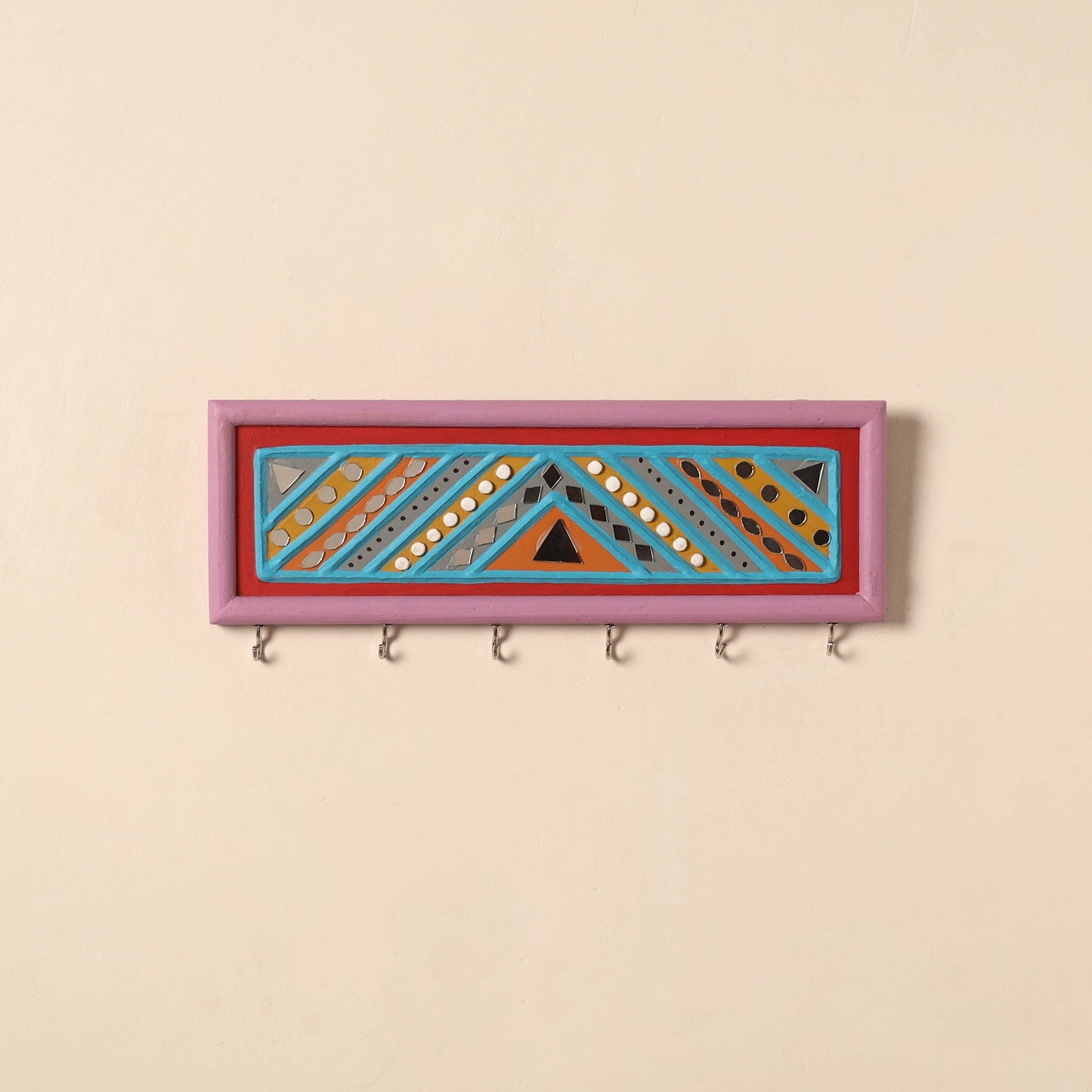 Kutch mud mirror work lippan art key holder (4 x 12 in) 04