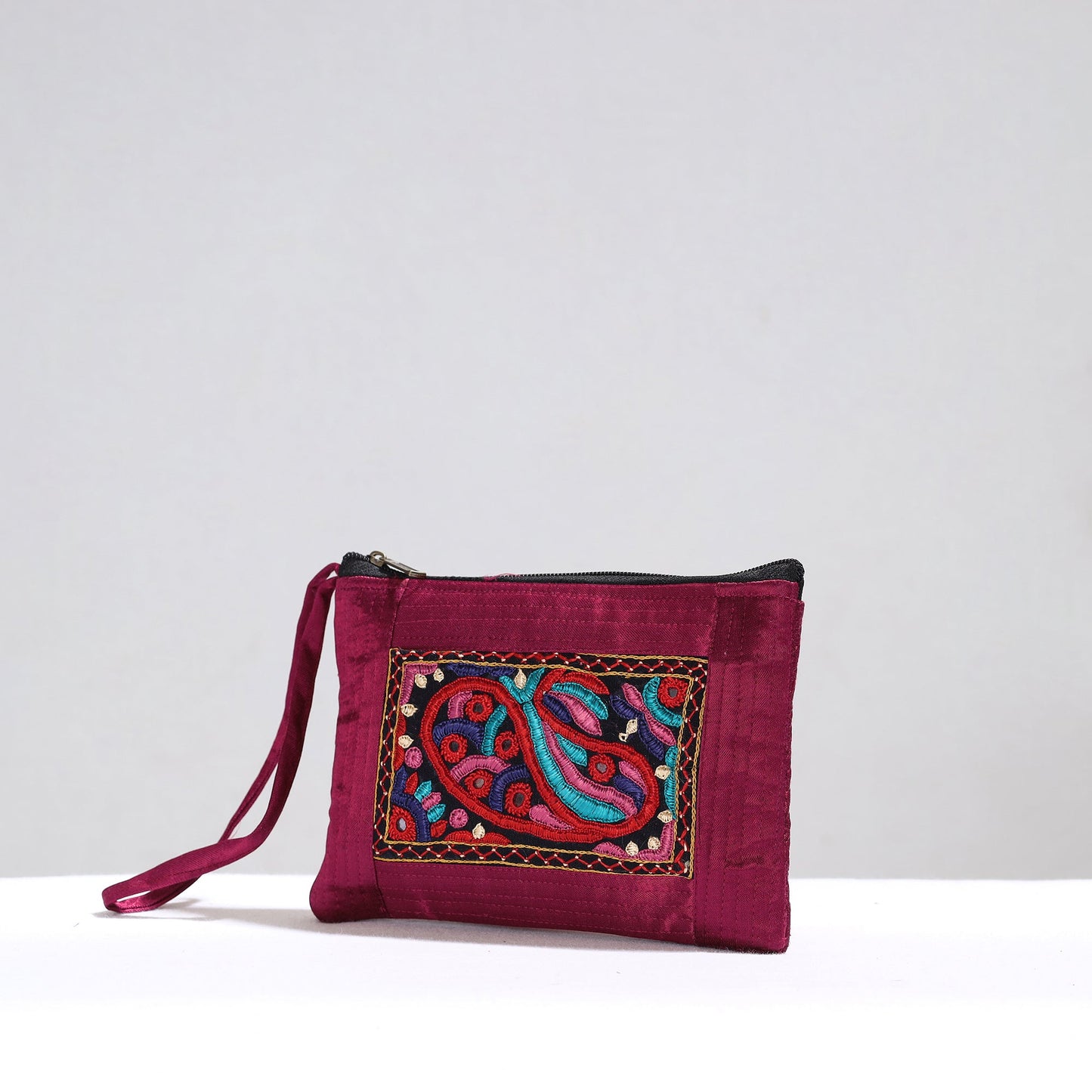  Purple Kutch Pakko Hand Embroidery Mirror Work Mashru Silk Mobile Pouch 91 