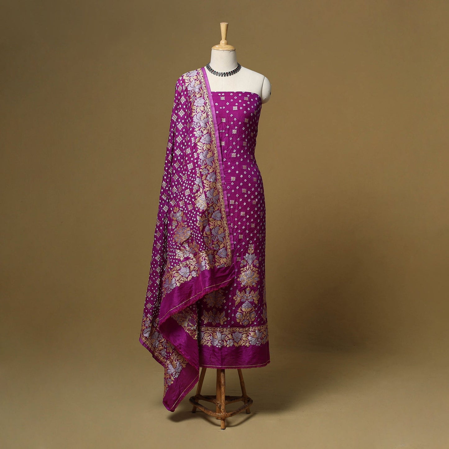 Kutch tie-dye bandhani dupion silk zari work 3pc unstitched