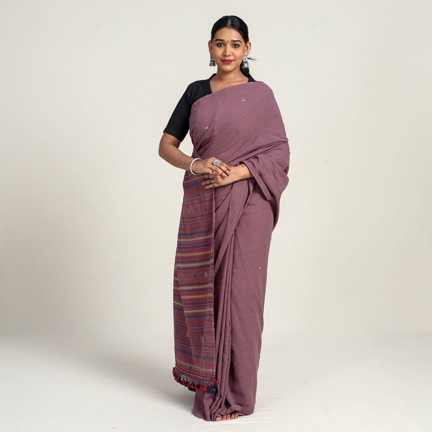  Kutch Weaving Handloom Organic Kala Cotton Saree with Tassels 