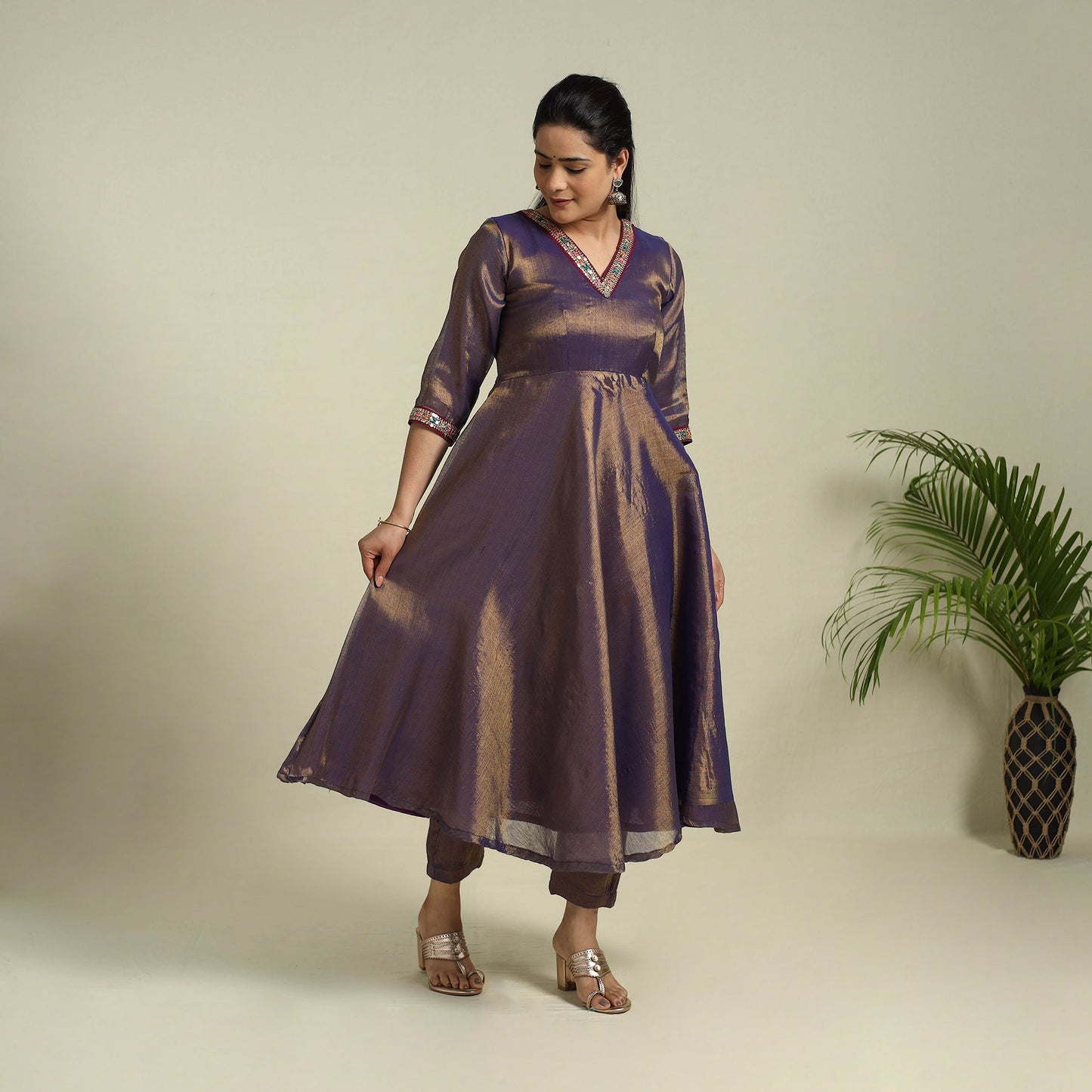 Lace Work Fine Tissue Zari Purple Plain Anarkali Kurta Set for Women