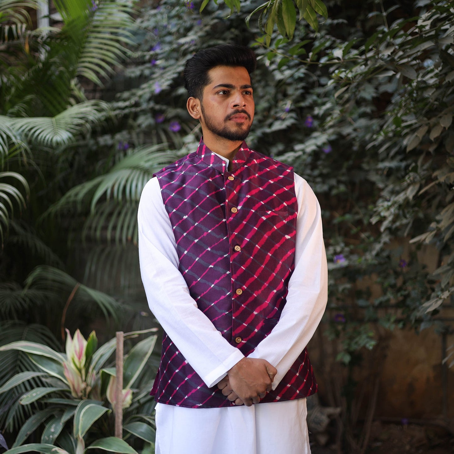Leheriya Tie & Dye Chanderi Silk Handloom Purple Nehru Jacket