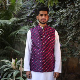 Leheriya Tie & Dye Chanderi Silk Handloom Purple Nehru Jacket