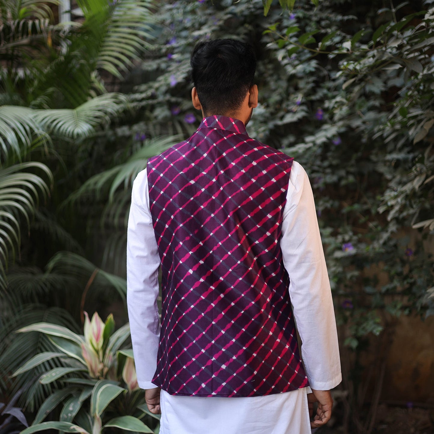 Leheriya Tie & Dye Chanderi Silk Handloom Purple Nehru Jacket