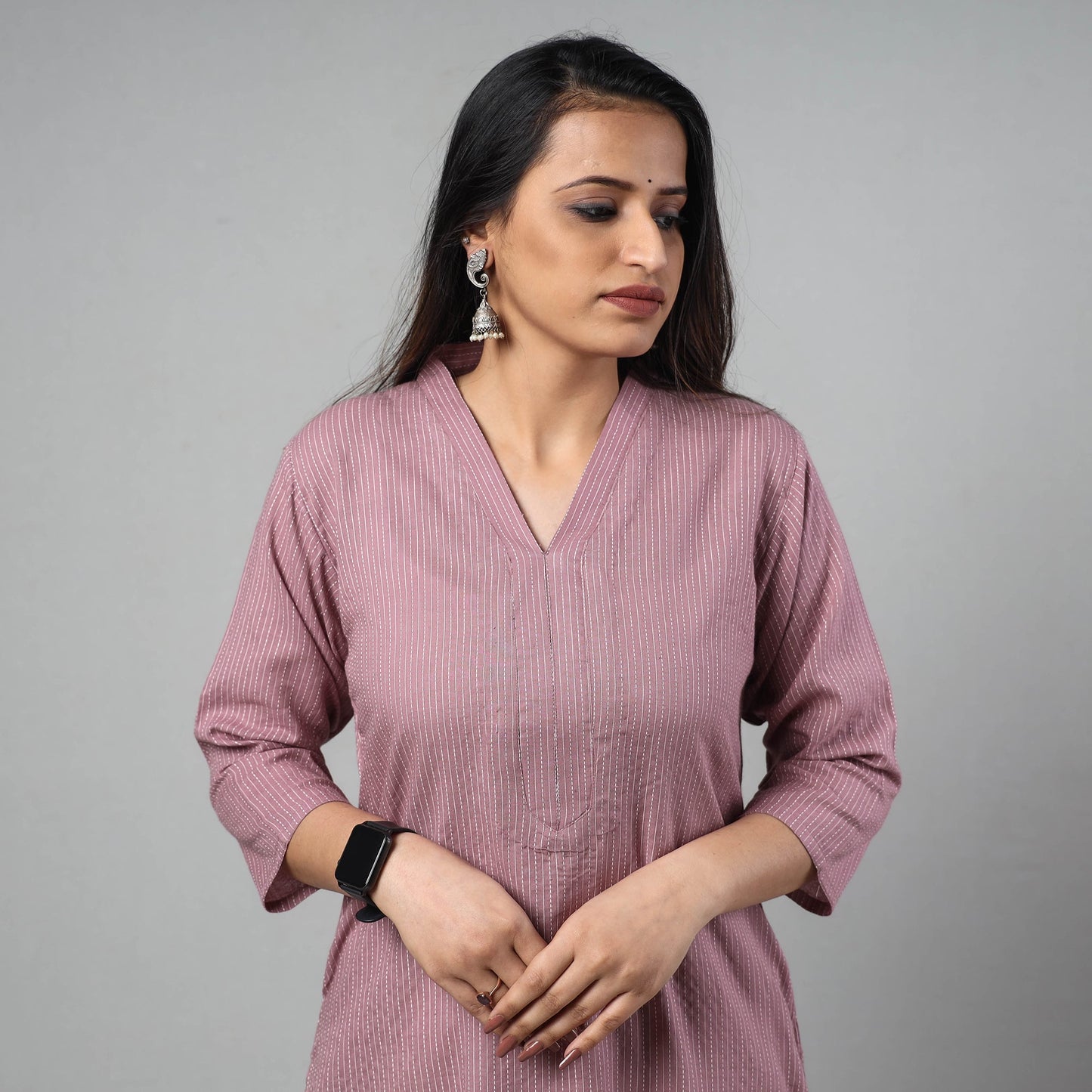 Purple - Light Lavender - Running Stitch Cotton Long Kurta