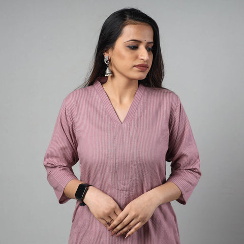 Purple - Light Lavender - Running Stitch Cotton Long Kurta