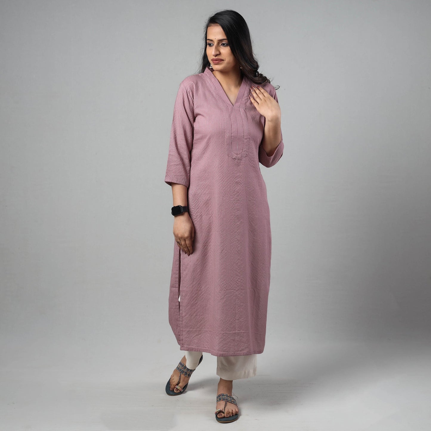 Purple - Light Lavender - Running Stitch Cotton Long Kurta