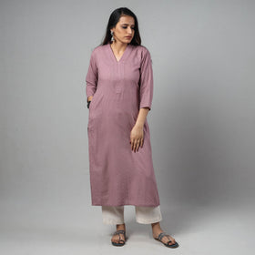 Purple - Light Lavender - Running Stitch Cotton Long Kurta