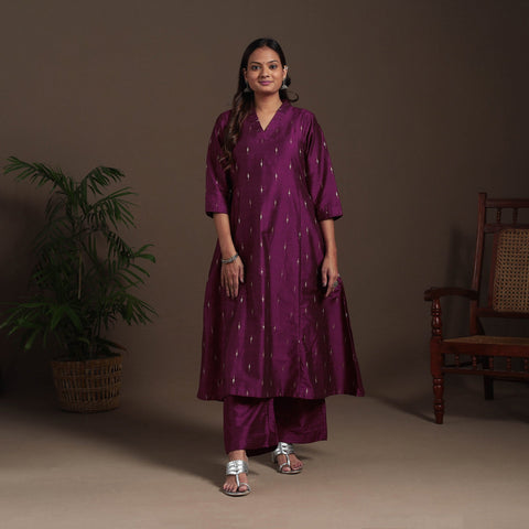 Purple - a-line buti work spun dupion silk plain kurta set