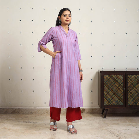 Purple A-Line Cotton Jacquard Kurta