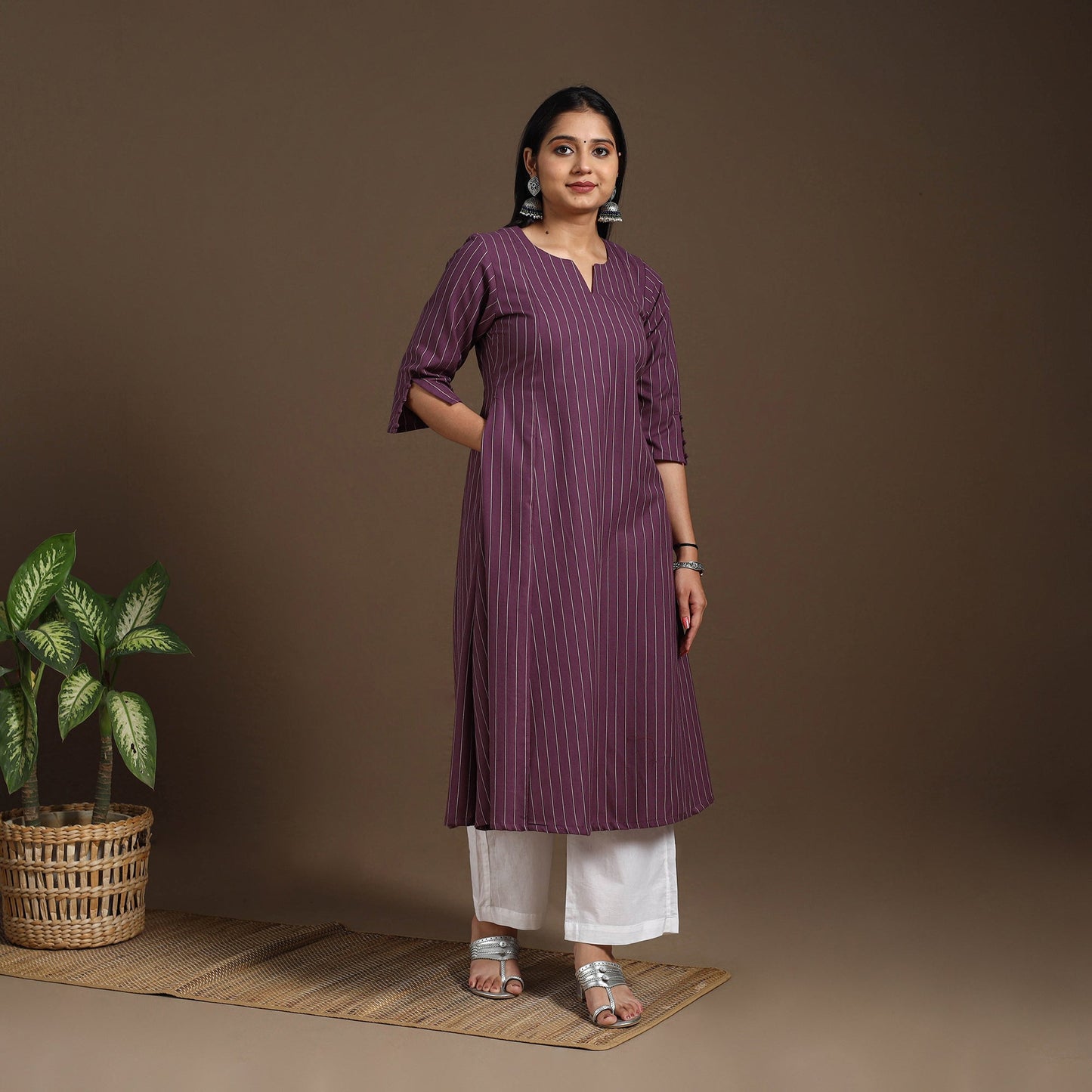 Purple A-Line Cotton Jacquard Kurta