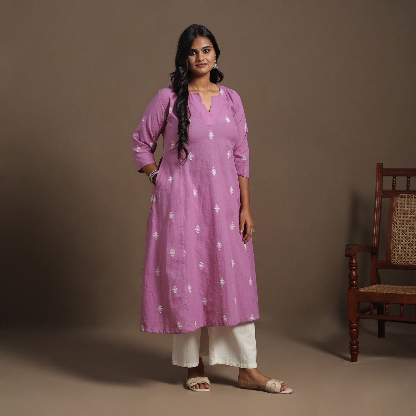 Purple A-Line Cotton Jacquard Kurta