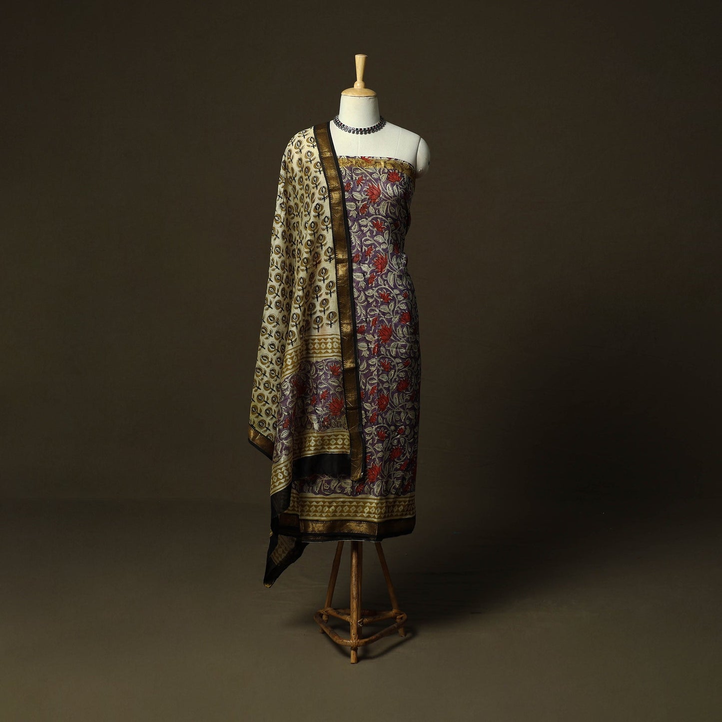 Maheshwari silk hand block bagru print 3pc unstitched dress