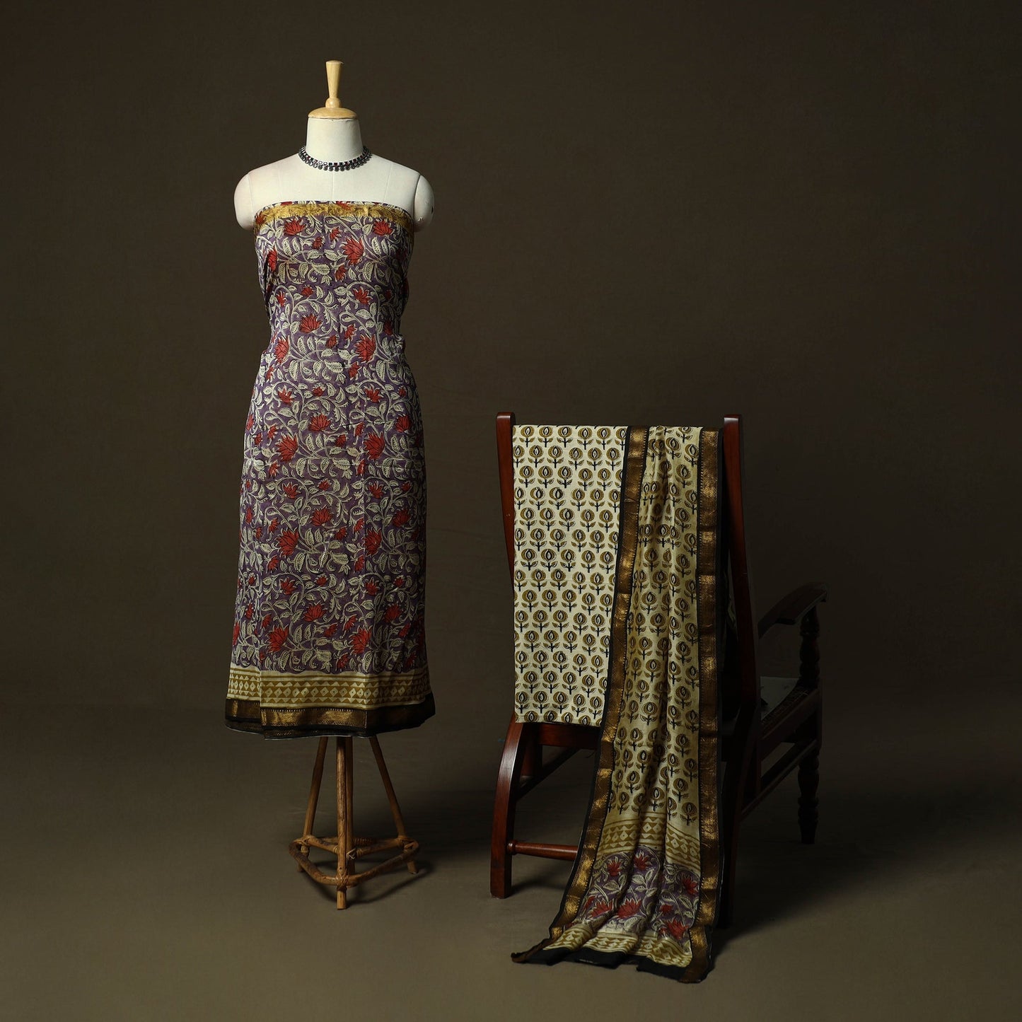 Maheshwari silk hand block bagru print 3pc unstitched dress