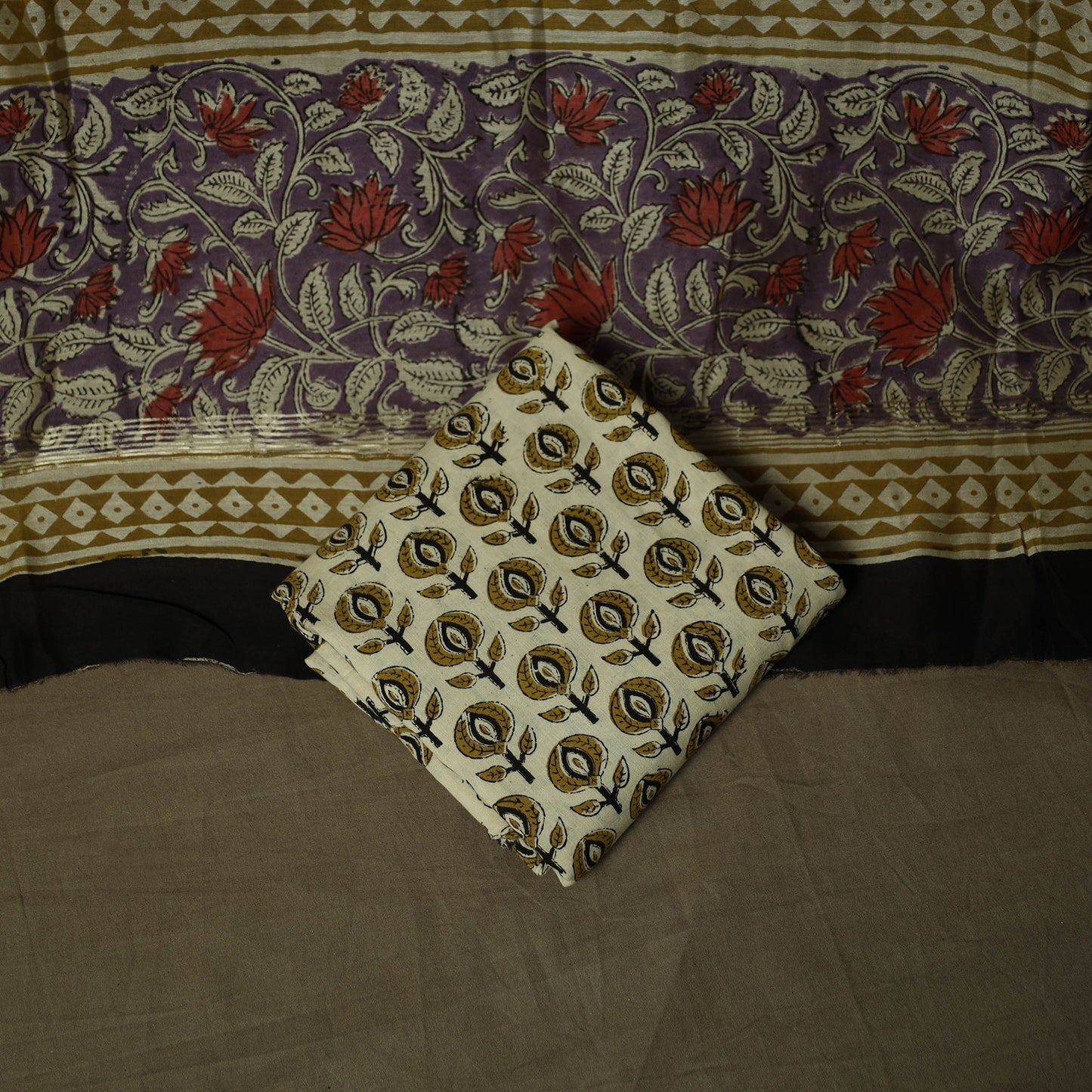 Maheshwari silk hand block bagru print 3pc unstitched dress