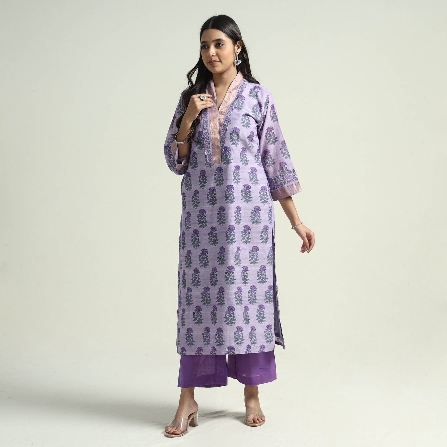 Buy Mangalagiri Block Printed Handloom Cotton Kurta with Palazzo & Dupatta Set Online at iTokri.com