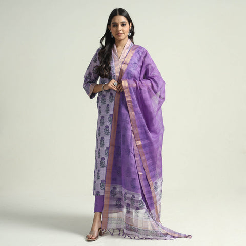 Buy Mangalagiri Block Printed Handloom Cotton Kurta with Palazzo & Dupatta Set Online at iTokri.com
