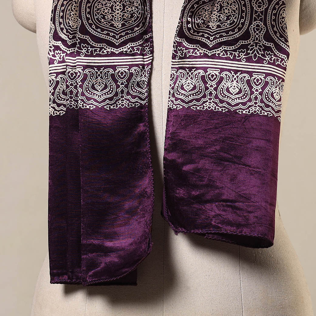 Purple Mashru Silk Printed Ajrakh Stole 