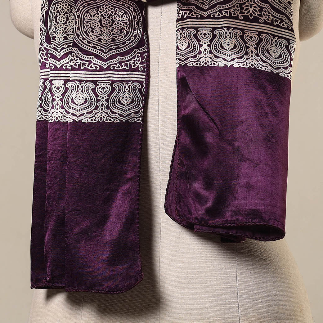 Purple Mashru Silk Printed Ajrakh Stole 