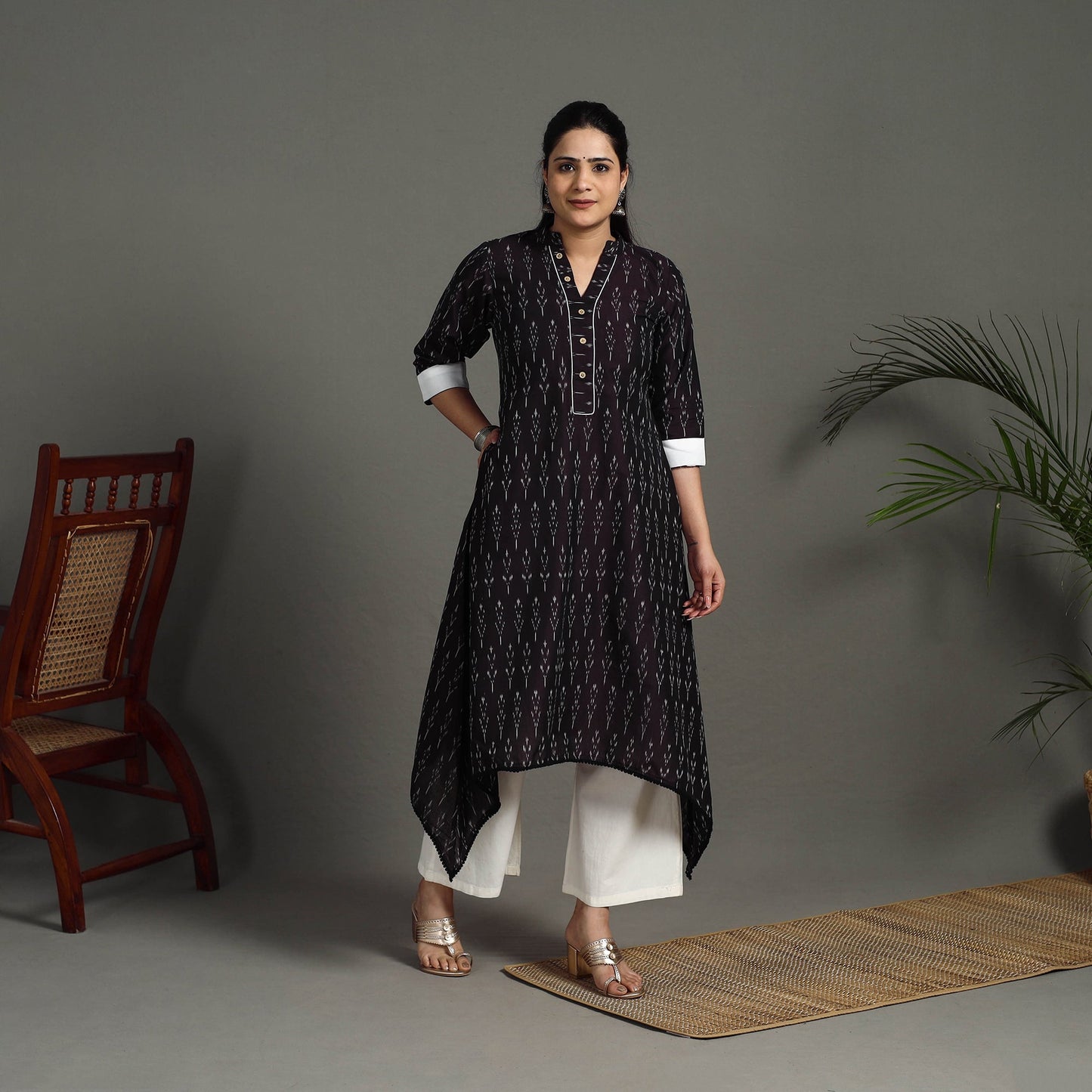  Purple Mercerised Cotton A-Line Pochampally Ikat Kurta for Women