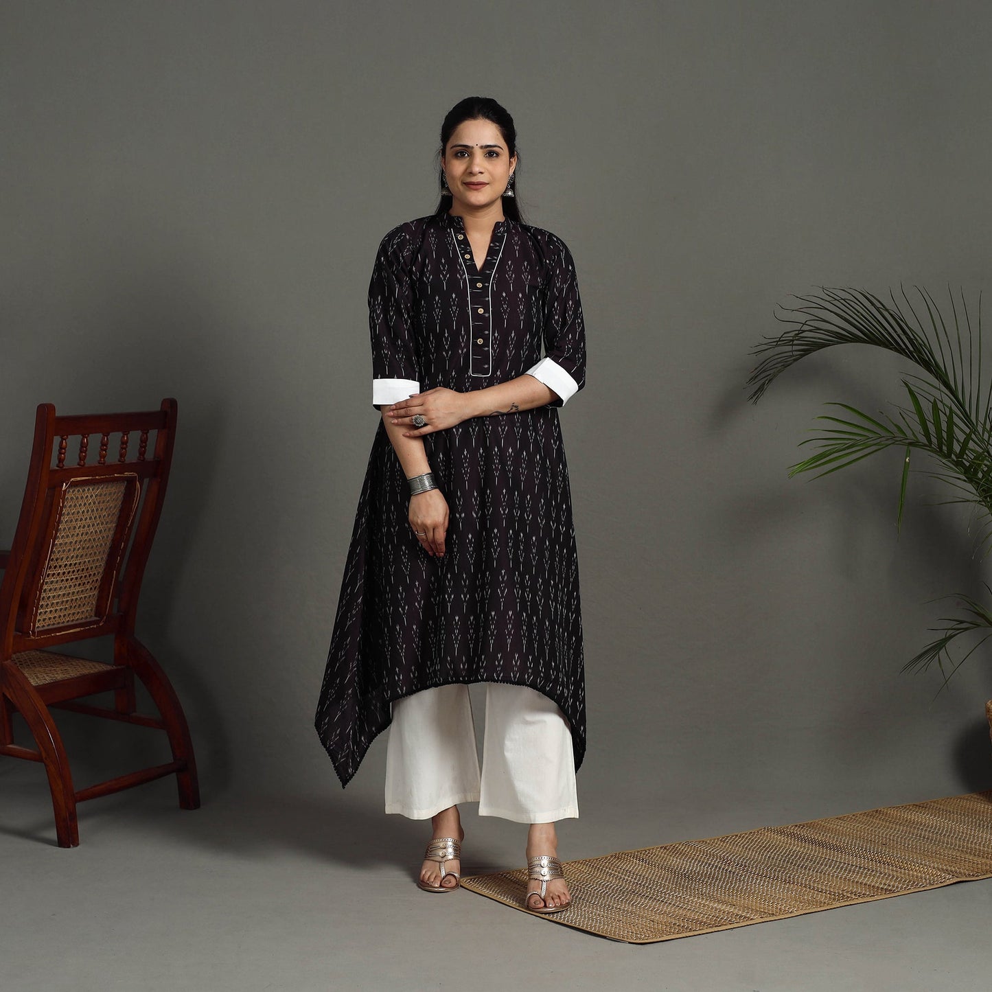  Purple Mercerised Cotton A-Line Pochampally Ikat Kurta for Women
