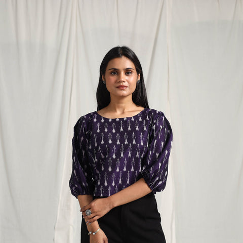  Purple Mercerised Cotton Pochampally Ikat Crop Top