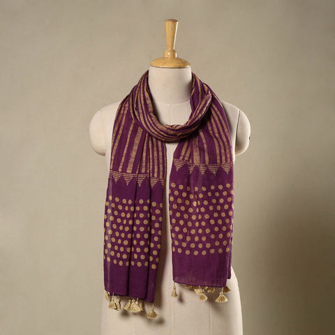 Purple - mul cotton hand batik stole with tassels 13