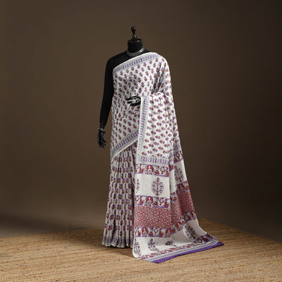 Purple - mul cotton sanganeri saree 01 - handcrafted