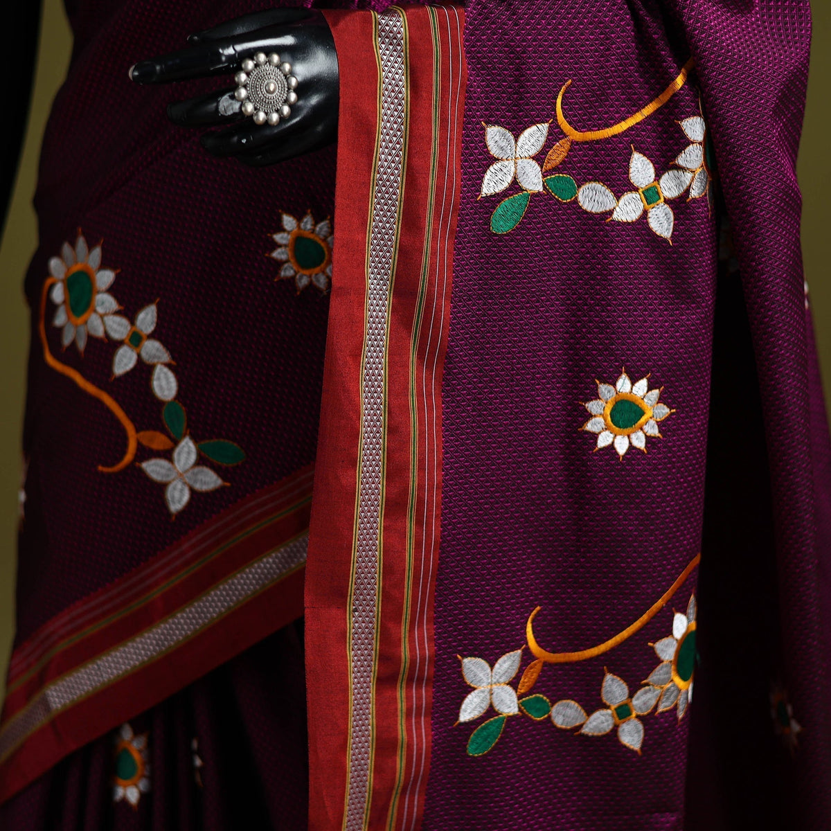 Nath work silk cotton khun saree 05 - handcrafted