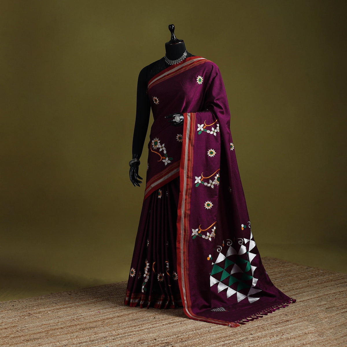 Nath work silk cotton khun saree 05 - handcrafted