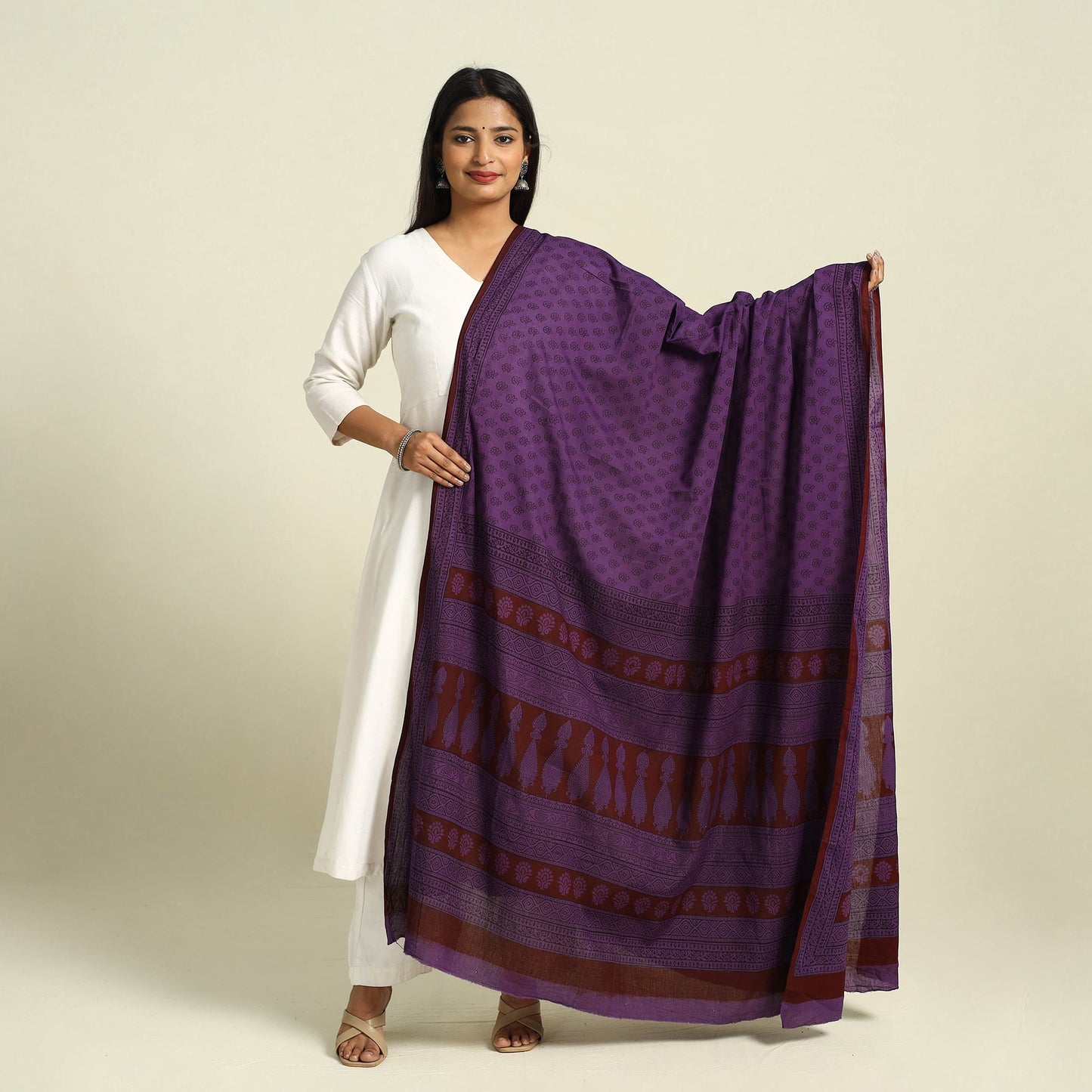  Purple Natural Dye Mul Cotton Bagh Print Dupatta