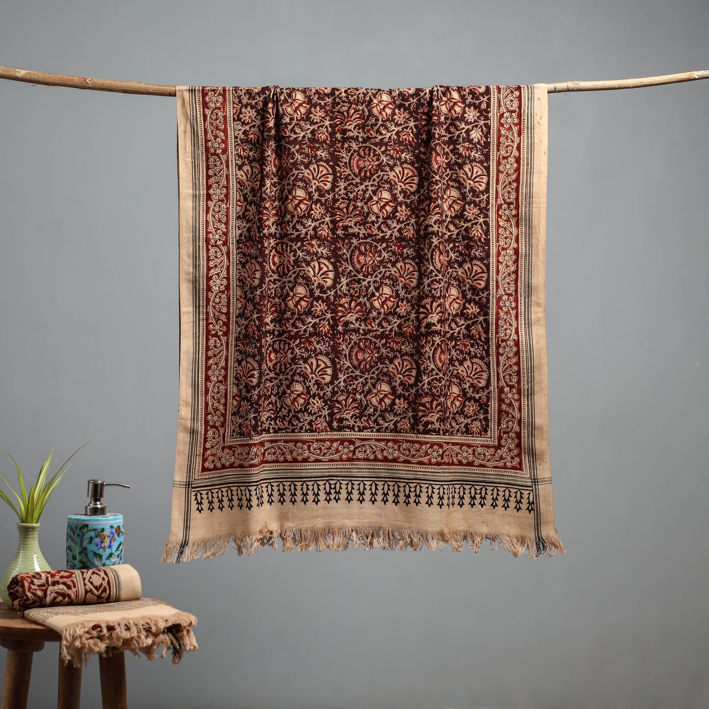 Natural dyed pedana kalamkari printed handloom cotton towel