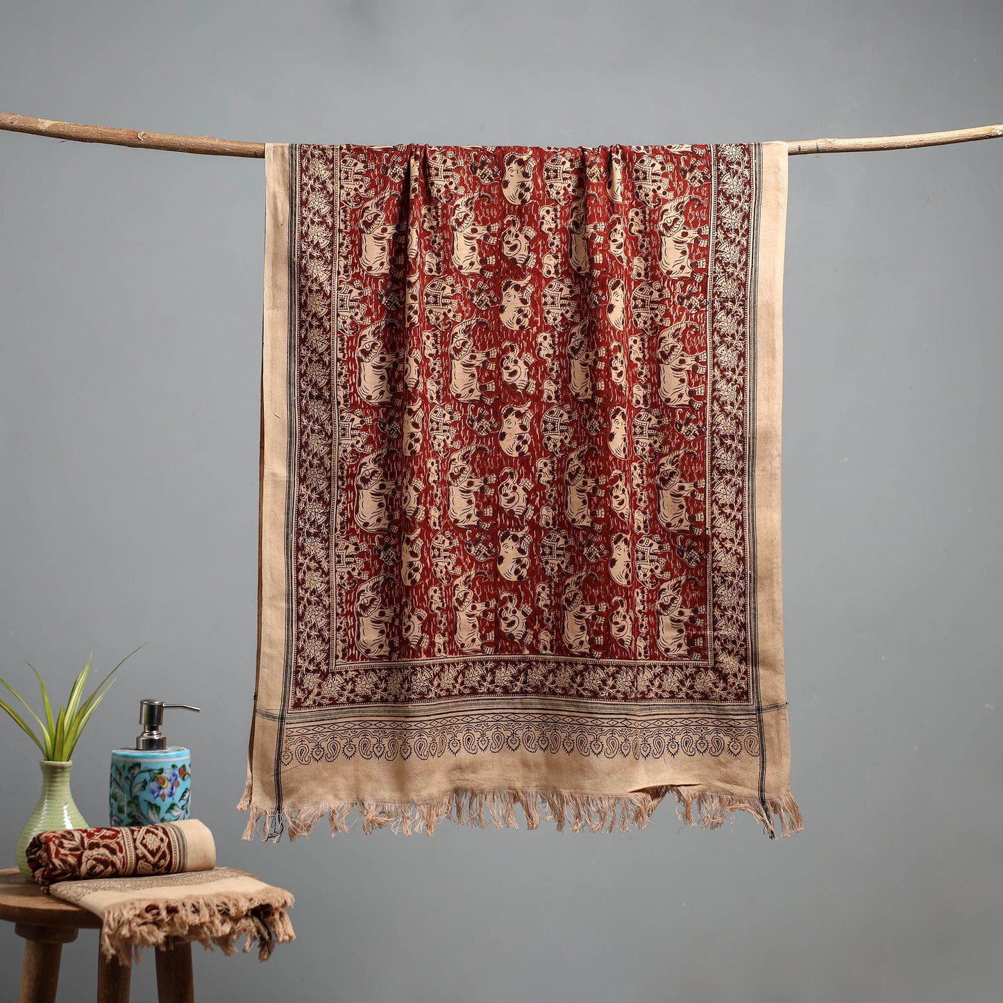 Natural dyed pedana kalamkari printed handloom cotton towel