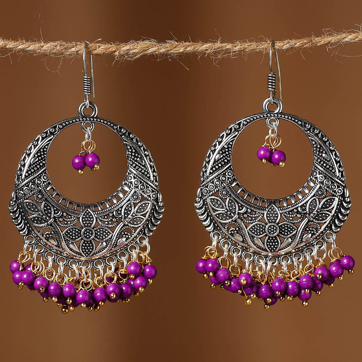 Purple Nayra German Silver Beaded Earrings