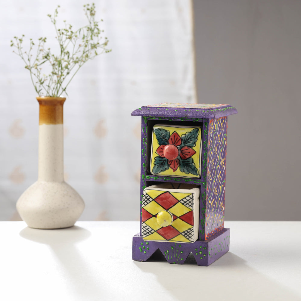  Neem Wood Hand Painted Blue Pottery Ceramic Double Drawer 