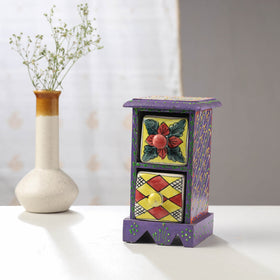  Neem Wood Hand Painted Blue Pottery Ceramic Double Drawer 