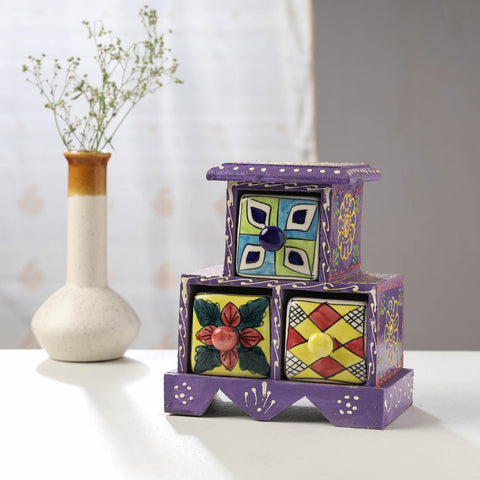  Neem Wood Hand Painted Blue Pottery Ceramic Triple Drawer 