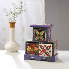 Neem Wood Hand Painted Blue Pottery Ceramic Triple Drawer