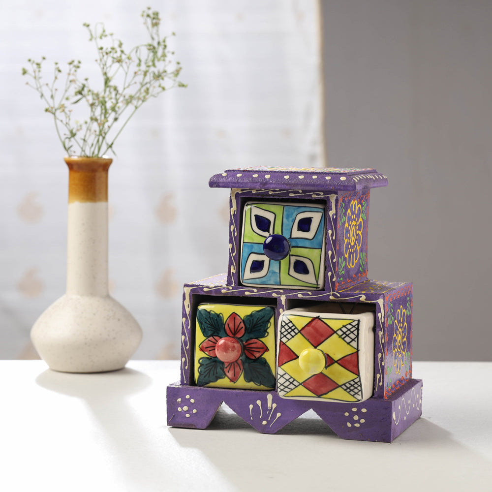  Neem Wood Hand Painted Blue Pottery Ceramic Triple Drawer 