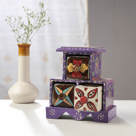 Neem Wood Hand Painted Blue Pottery Ceramic Triple Drawer