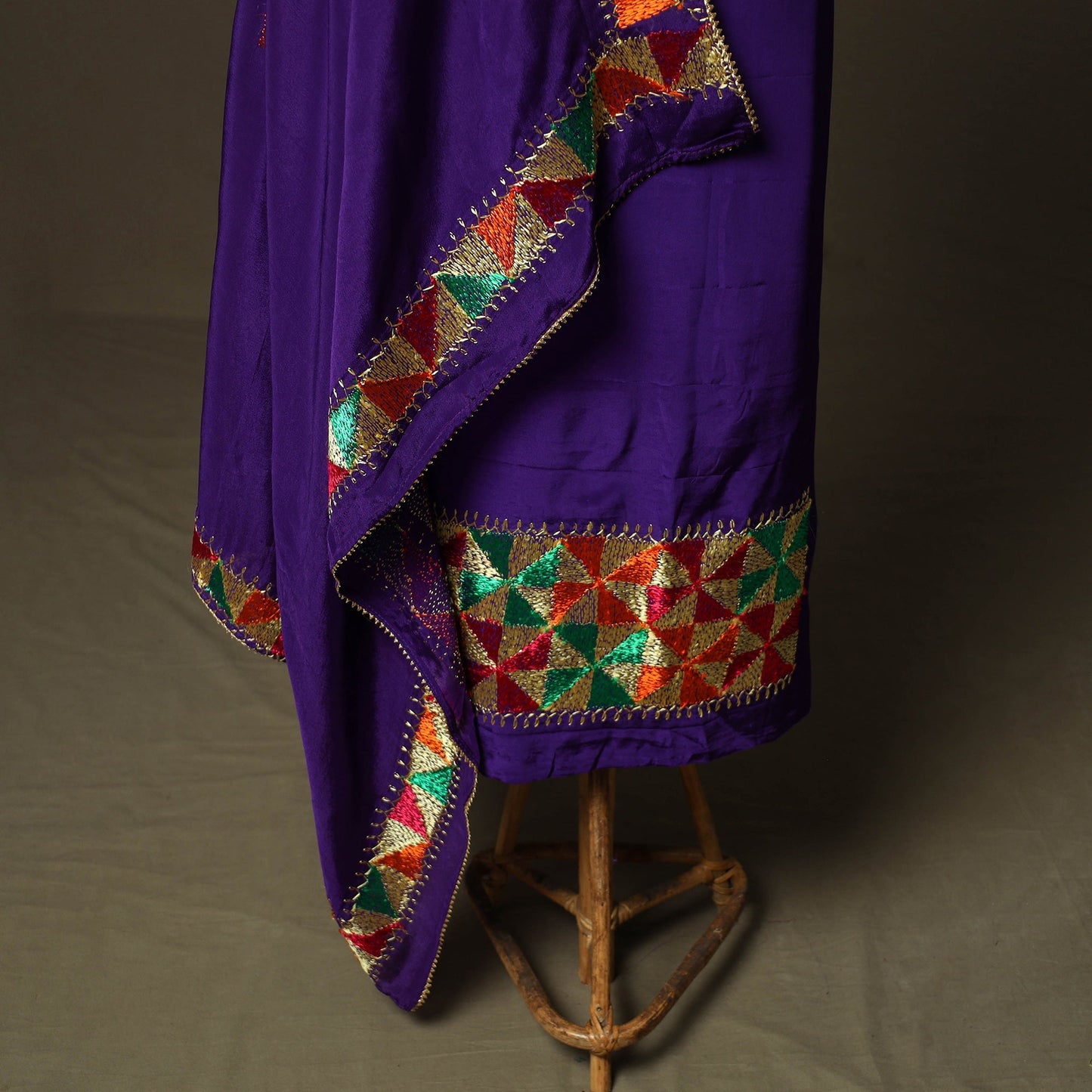 Phulkari hand embroidered crepe silk 3pc unstitched dress
