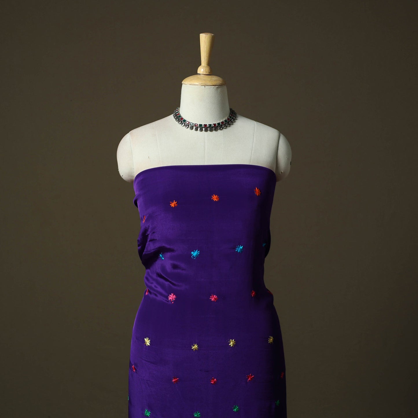 Phulkari hand embroidered crepe silk 3pc unstitched dress