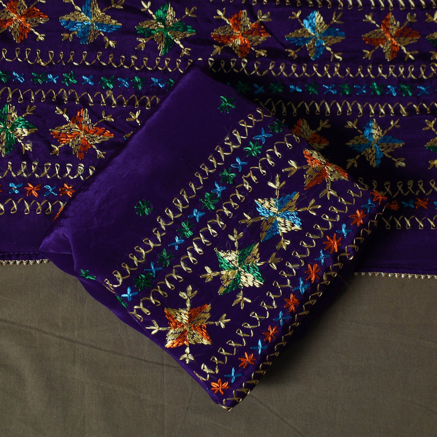 Phulkari hand embroidered crepe silk 3pc unstitched dress