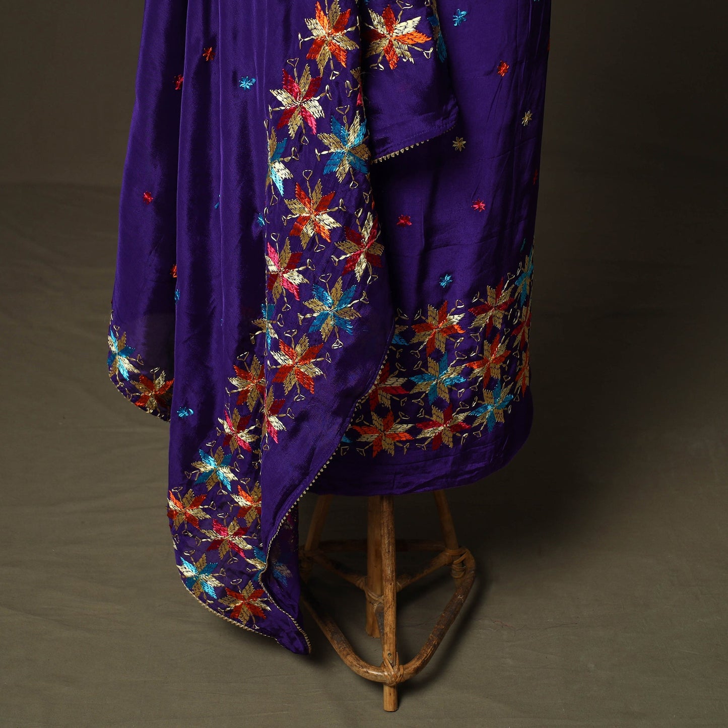 Phulkari hand embroidered crepe silk 3pc unstitched dress