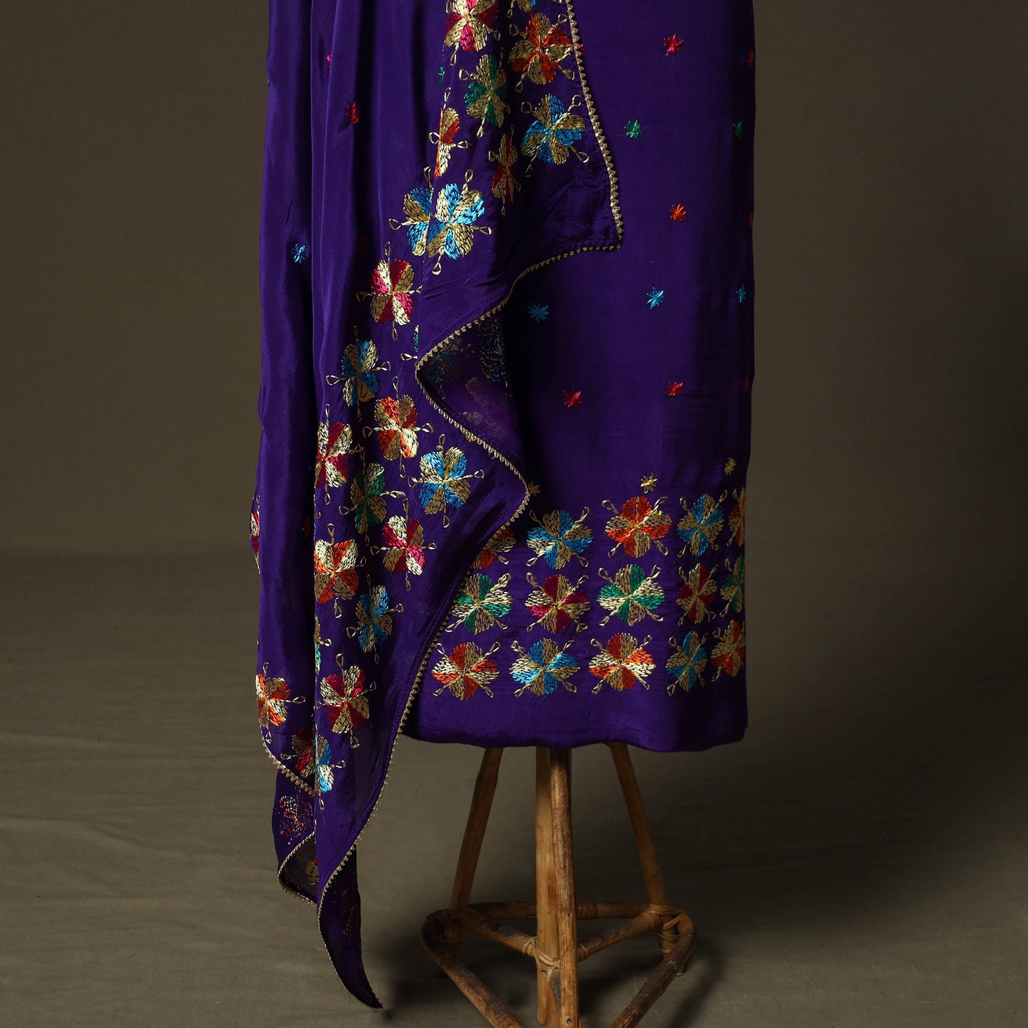 Phulkari hand embroidered crepe silk 3pc unstitched dress