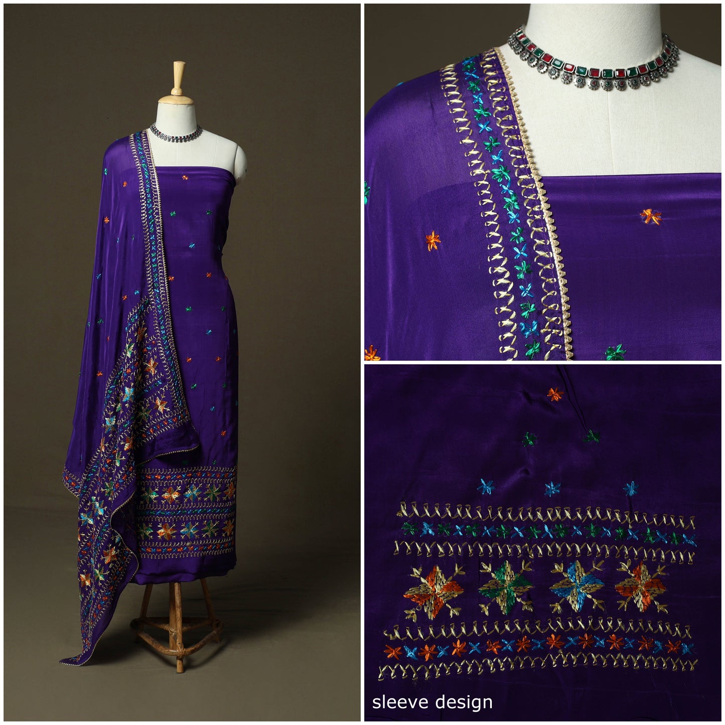 Phulkari hand embroidered crepe silk 3pc unstitched dress