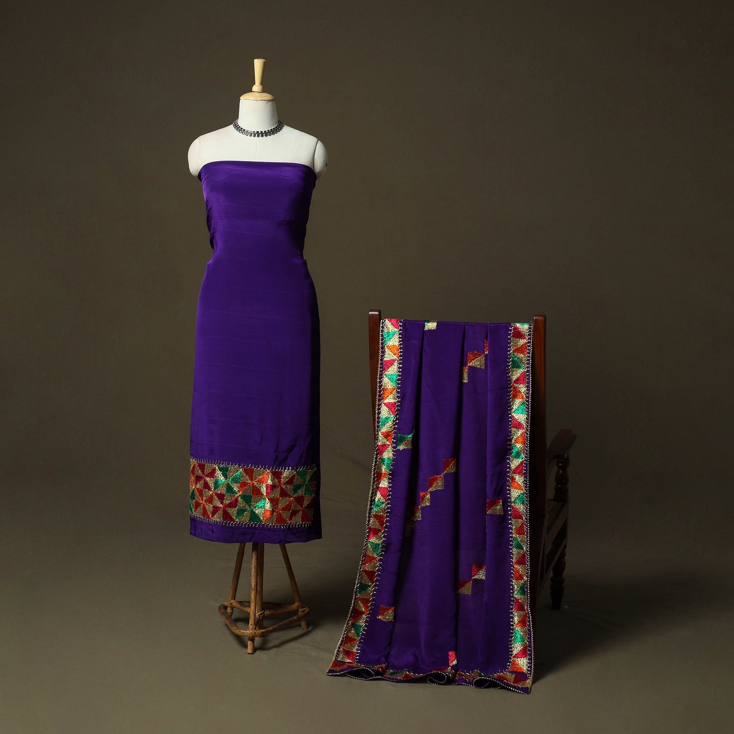 Phulkari hand embroidered crepe silk 3pc unstitched dress
