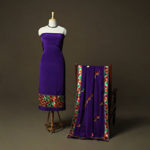 Phulkari hand embroidered crepe silk 3pc unstitched dress