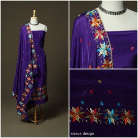 Phulkari hand embroidered crepe silk 3pc unstitched dress