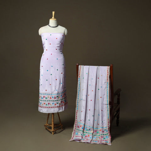 Phulkari hand embroidered crepe silk 3pc unstitched dress